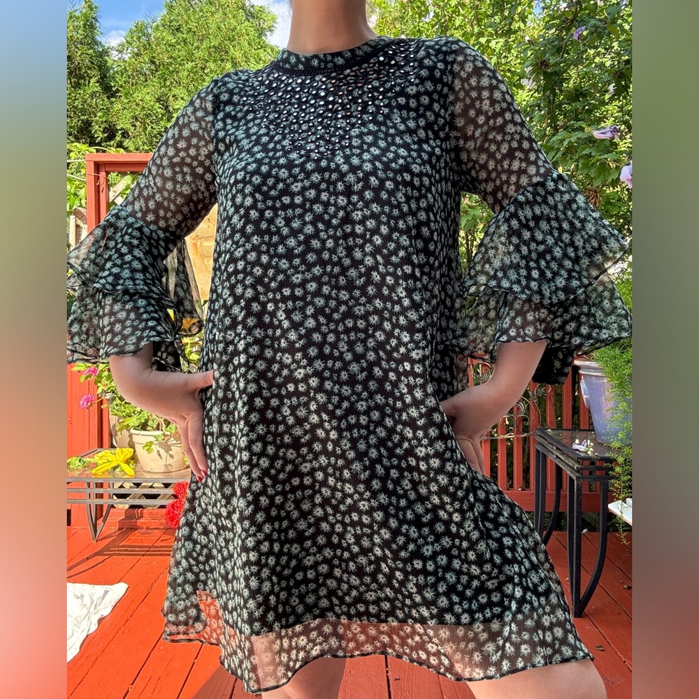 Ranna Gill Black and White Floral Long Sleeve Dress